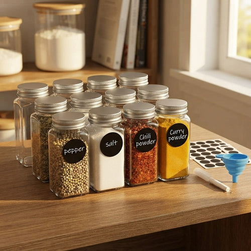 12 pc Glass Spice Jars with Bamboo Lids